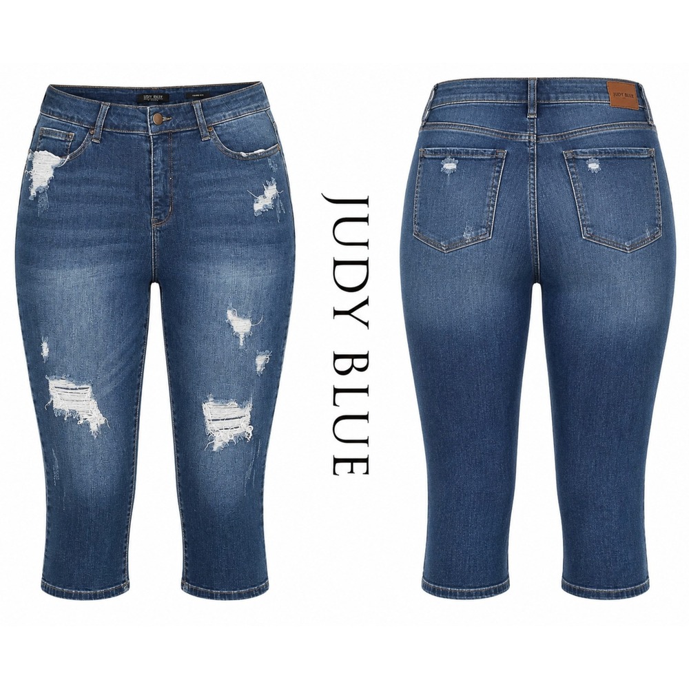Judy Blue Capri Jeans Womens 22W Blue Distressed Denim Mid Rise Stretch Crop